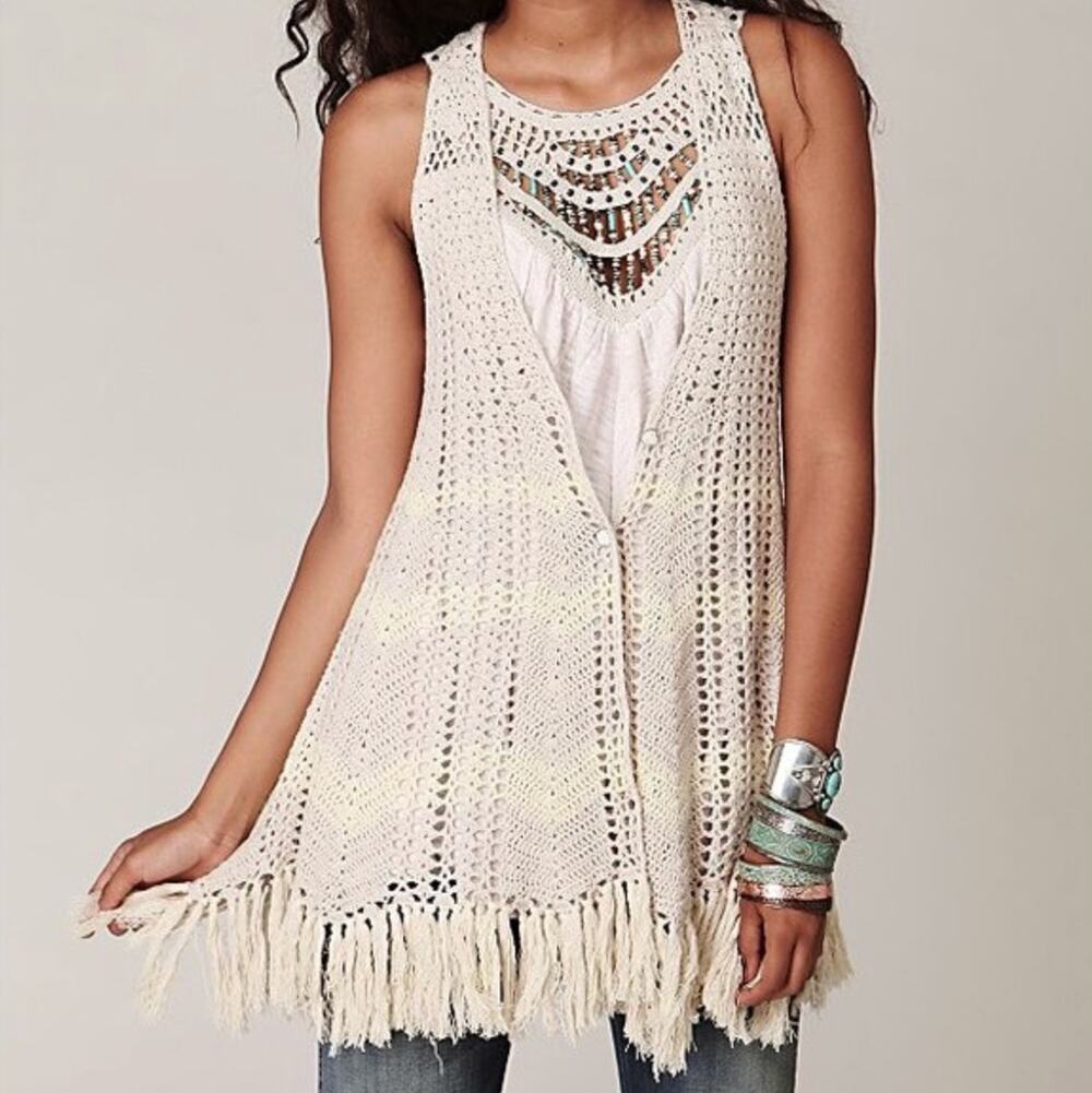 Free People Macrame Beige Crochet Vest With Tassel Fringe Extra Small XS Boho